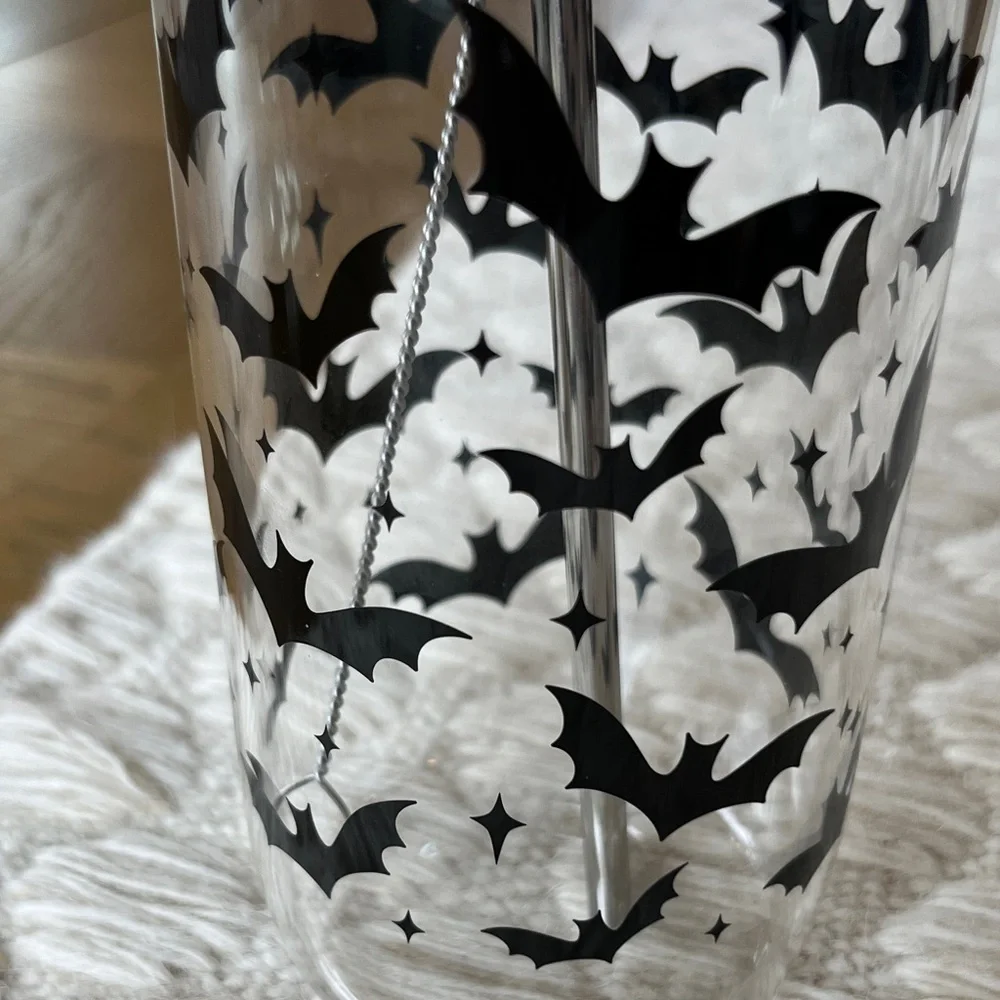 NWOT Clear Glass Tumbler with Black Bat Design